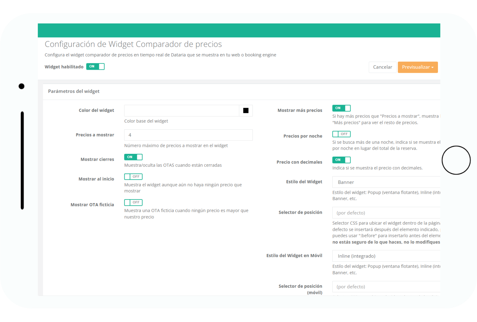 widget comparador de precios configuracion