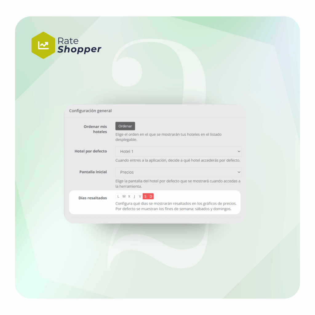 Ajustes Rate Shopper para monitorear tu competencia hotelera, días resaltados en tabla